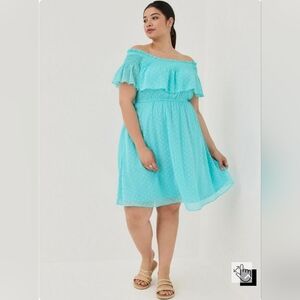 Torrid Off-Shoulder Smocked Mini Skater Dress - Chiffon Clip Dot Blue size 6x